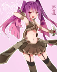 10s 1girl creature_and_personification creatures_(company) doublade female_focus game_freak garter_straps gen_6_pokemon gloves highres midriff multicolored_hair navel nintendo personification pink_eyes pink_hair pokedex_number pokemon pokemon_(creature) purple_hair skirt solo sword takeshima_eku thighhighs twintails two-tone_hair weapon