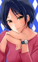 Rule 34 | 10s, 1girl, 71 (nanaichi drafting), black hair, earrings, female focus, hayami kanade, idolmaster, idolmaster cinderella girls, jewelry, looking at viewer, parted bangs, short hair, smile, solo, watch, wristwatch, yellow eyes