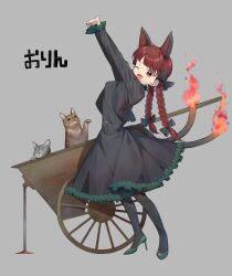 Rule 34 | absurdres, animal ears, black bow, black dress, black leggings, blunt bangs, bow, braid, cat, cat ears, cat tail, dress, extra ears, frilled dress, frilled sleeves, frills, green shoes, hair bow, high heels, highres, kaenbyou rin, keiki8296, leggings, long sleeves, multiple hair bows, multiple tails, nekomata, one eye closed, red eyes, red hair, shoes, standing, stretching, tail, touhou, twin braids, two tails, wheelbarrow