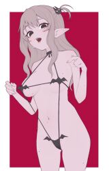 Rule 34 | 1girl, absurdres, anemoneeanemone, areola slip, bare arms, bare shoulders, black eyes, borrowed character, breasts, cowboy shot, grey hair, hair ornament, halloween dare succubus lingerie, highres, long hair, looking at viewer, mavie (justadrian), medium breasts, mole, mole on arm, mole on breast, mole on crotch, mole on stomach, mole on thigh, mole under eye, multiple moles, one side up, open mouth, original, pointy ears, red background, revealing clothes, simple background, solo