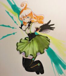 Rule 34 | 1girl, ahoge, black corset, black gloves, closed mouth, commentary, corset, curly hair, eyelashes, frilled skirt, frills, full body, gloves, green eyes, green skirt, highres, long hair, long sleeves, marker (medium), miz natsuki, orange hair, penny polendina, rwby, shirt, short hair, simple background, skirt, smile, solo, suspenders, traditional media, very short hair, white shirt