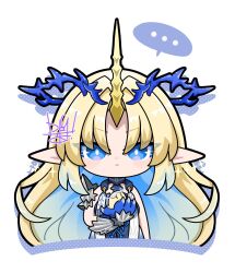 Rule 34 | ..., 1girl, black collar, black dress, blonde hair, blue eyes, blue hair, breasts, bright pupils, cartethyia (wuthering waves), collar, commentary, crown of thorns, dog-san, dress, dual persona, earrings, fleurdelys (wuthering waves), floating earrings, highres, holding, horns, jewelry, large breasts, long horns, looking at viewer, parted bangs, pointy ears, sidelocks, single horn, solo, spoken ellipsis, straight-on, symbol-only commentary, white pupils, wuthering waves, yellow horns