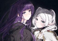 2girls black_background capelet dress elf fern_(sousou_no_frieren) frieren green_eyes highres long_hair looking_at_viewer moku_(muooku) multiple_girls pointy_ears simple_background sousou_no_frieren white_capelet white_hair