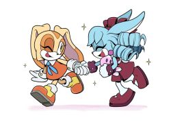 2girls animal_ears anya_the_rabbit blue_fur blue_hair brown_dress brown_eyes brown_fur brown_shoes chao_(sonic) closed_eyes cream_the_rabbit dress furry furry_female gabs_sam gloves long_hair multiple_girls one_eye_closed open_mouth orange_dress orange_shoes original pantyhose rabbit_ears rabbit_girl ringlets shoes simple_background sleeveless sleeveless_dress sonic_(series) white_background white_gloves white_pantyhose
