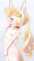 1girl :d absurdres animal_ear_fluff animal_ears bare_shoulders blonde_hair blue_archive breasts covered_navel covering_crotch covering_privates diamond_cutout extra_ears eyes_visible_through_hair fox_ears fox_girl fox_tail hair_over_one_eye hand_to_own_mouth hand_up highleg highleg_one-piece_swimsuit highres loli long_hair looking_at_viewer no_halo no_jacket one-piece_swimsuit open_mouth orange-tinted_eyewear pink_eyes rel_(hsup5887) seia_(blue_archive) seia_(swimsuit)_(blue_archive) side_ponytail simple_background small_breasts smile solo standing sunglasses swimsuit tail thighs tinted_eyewear very_long_hair visor_cap white_background white_one-piece_swimsuit yellow_visor