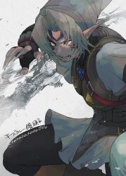 1boy arm_up armor black_pants blank_eyes boots breastplate brown_boots curtained_hair facial_mark fangs fierce_deity fingernails grey_hair grey_hat grey_tunic hat highres link long_fingernails long_pointy_ears looking_to_the_side male_focus nanananana0706 nintendo pants pointy_ears sharp_fingernails short_sleeves sneer solo the_legend_of_zelda the_legend_of_zelda:_majora&#039;s_mask translation_request tunic twitter_username white_background white_eyes