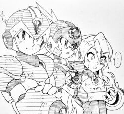 Rule 34 | 1girl, 2boys, alia (mega man), android, armor, axl (mega man), brillante2, chest jewel, forehead jewel, group picture, helmet, mega man (series), mega man x (series), mega man x dive, monochrome, multiple boys, robot girl, simple background, upper body, white background, x (mega man)