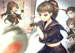 Rule 34 | 1girl, amiguchi shuu, anger vein, angry, black gloves, black hair, black sailor collar, black serafuku, cheering, delinquent, fingerless gloves, gloves, grey eyes, hiding, iida tetsuya, juusan kihei bouei ken, long hair, midriff, midriff peek, multiple boys, neckerchief, ogata nenji, open mouth, peeking, pleated skirt, ponytail, red neckerchief, red ribbon, ribbon, sailor collar, school uniform, serafuku, skirt, sleeves rolled up, sukeban, takamiya yuki, wankosukii