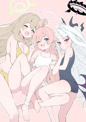 3girls :d ;d ^_^ absurdres ahoge bare_legs barefoot black_halo blue_archive blue_eyes blush breasts brown_hair cleavage closed_eyes green_halo halo highres hina_(blue_archive) hina_(swimsuit)_(blue_archive) horns hoshino_(blue_archive) hoshino_(swimsuit)_(blue_archive) long_hair looking_at_viewer mistel_(sukebemistel) multiple_girls nonomi_(blue_archive) nonomi_(swimsuit)_(blue_archive) official_alternate_costume one_eye_closed open_mouth pink_background pink_hair purple_eyes simple_background smile thighs v white_hair white_halo