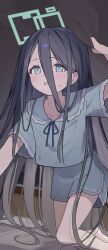 1girl absurdres aris_(blue_archive) black_hair blue_archive blue_hair blush english_text halo highres long_hair looking_at_viewer pajamas solo toki_kimagure very_long_hair window