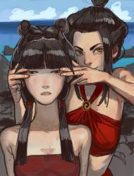 2girls avatar:_the_last_airbender avatar_legends azula bare_arms bare_shoulders bikini black_hair blunt_bangs breasts brown_eyes closed_mouth cloud day freckles long_hair mai_(avatar) medium_breasts mossacannibalis multiple_girls nickelodeon one-piece_swimsuit outdoors red_bikini red_one-piece_swimsuit smile swimsuit tagme teeth