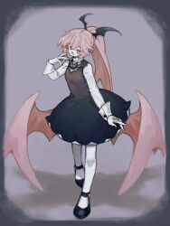 1girl absurdres amasonakius black_dress demon_girl demon_wings dress funamusea haiiro_teien highres long_hair looking_at_viewer mary_janes pink_hair rawberry_preserves shoes solo very_long_hair wings