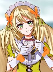 Rule 34 | 1girl, black bow, black bowtie, blonde hair, bow, bowtie, butterfly hair ornament, celine (blissful tea party) (fire emblem), celine (fire emblem), cup, dress, fire emblem, fire emblem engage, fire emblem heroes, fuburon 84, green dress, green ribbon, hair ornament, headdress, holding, holding cup, looking at viewer, maid, maid headdress, nintendo, official alternate costume, ribbon, solo, yellow dress