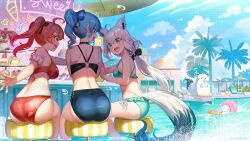 35p_(sakura_miko) 3girls ahoge animal_ear_fluff animal_ears aqua_eyes ass ayataka bikini black_bikini black_bow blue_bow blue_hair blue_sky blush bow braid breasts cake cake_slice cloud commentary_request cumulonimbus_cloud day earrings floating_hair food fox_ears fox_girl fox_tail from_behind fubuzilla_(shirakami_fubuki) green_bikini green_eyes grey_hair hair_between_eyes hair_bow hair_ornament highleg highleg_bikini highres hololive hoshimachi_suisei innertube jewelry large_breasts layered_bikini long_hair looking_at_another low_ponytail medium_breasts multiple_girls on_stool open_mouth outdoors outstretched_arm palm_tree pastry pink_hair ponytail pool profile red_bikini sakura_miko shade shirakami_fubuki sitting sky smile stool swim_ring swimming swimsuit tail tiered_tray tree twintails very_long_hair virtual_youtuber water water_drop waterpark wet
