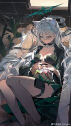 1girl animal_ears bathtub black_choker black_dress blue_archive breasts cactus choker cleavage closed_eyes closed_mouth commentary_request cross_hair_ornament dark_halo dress extra_ears from_above grey_hair hair_ornament halo highres in_bathtub large_breasts long_hair omurice_(304975636) sand shiroko_(blue_archive) shiroko_terror_(blue_archive) solo thigh_strap tile_wall tiles very_long_hair white_hair window wolf_ears wolf_girl