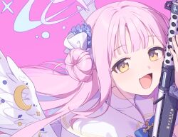1girl akabino angel_wings blue_archive flower gun hair_flower hair_ornament hair_scrunchie halo head_tilt holding holding_gun holding_weapon lanchester_smg looking_at_viewer mika_(blue_archive) open_mouth pink_background pink_hair scrunchie submachine_gun weapon wings wrist_scrunchie yellow_eyes