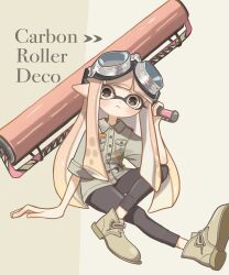 Rule 34 | 1girl, black pants, breast pocket, carbon roller (splatoon), closed mouth, collared shirt, commentary, eyelashes, goggles, goggles on head, grey shirt, grey shoes, highres, holding, holding weapon, inkling, inkling girl, inkling player character, long hair, looking at viewer, nintendo, orange hair, osakanagumi11, pants, pocket, pointy ears, shirt, shoes, sitting, solo, splatoon (series), splatoon 3, symbol-only commentary, tentacle hair, weapon, weapon name, white eyes, yellow background