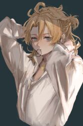 1boy albedo_(genshin_impact) antenna_hair arms_up blonde_hair braid closed_mouth collarbone commentary_request genshin_impact green_background grey_eyes hair_between_eyes half-closed_eyes highres long_sleeves looking_at_viewer male_focus mana02031225m messy_hair puffy_long_sleeves puffy_sleeves scar shirt short_hair simple_background solo upper_body white_shirt