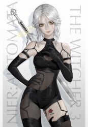 Rule 34 | 1girl, absurdres, android, artelsia, breasts, ciri, closed mouth, commentary, copyright name, flower tattoo, freckles, green eyes, hair between eyes, hand on own hip, highres, long hair, medium breasts, nier:automata, nier (series), scar, scar on face, smile, solo, standing, sword, sword on back, tattoo, the witcher (series), the witcher 3, weapon, weapon on back, white hair