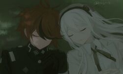 1boy 1girl black_hairband black_jacket black_ribbon closed_eyes collared_shirt gakuran grass hai_(haihki) hair_between_eyes hair_over_one_eye hairband jacket kashimiya_karua last_defense_academy_school_uniform long_hair lying mole mole_under_eye multicolored_hair neck_ribbon on_back on_grass parted_lips portrait red_hair ribbon school_uniform shirt short_hair sleeping smile streaked_hair sumino_takumi the_hundred_line_-last_defense_academy- twitter_username white_jacket white_shirt