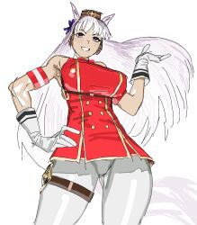 Rule 34 | 1girl, animal ears, armband, blunt bangs, bow, bowtie, breasts, brown hat, commentary, covered erect nipples, cowboy shot, dress, ear bow, ear ribbon, gloves, gold ship (umamusume), hand on own hip, hat, highres, horse ears, horse girl, horse tail, khentaiu, large breasts, long hair, o-ring, pants, pillbox hat, pink eyes, purple bow, red bow, red bowtie, red dress, solo, tail, thigh strap, umamusume, white background, white gloves, white hair, white pants