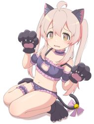 1girl @_@ absurdres ahoge animal_ears animal_hands bad_id bad_pixiv_id bell bow brown_eyes cat_ears cat_girl cat_lingerie cat_tail choker claws collarbone commentary detached_sleeves fake_claws flat_chest frilled_choker frilled_thigh_strap frills full_body gloves hair_between_eyes highres light_blush lingerie loli long_sleeves looking_at_viewer meme_attire mooramango navel off_shoulder onii-chan_wa_oshimai! open_mouth oyama_mahiro paw_gloves paw_pose paw_shoes pink_hair puffy_short_sleeves puffy_sleeves raised_inner_eyebrows short_sleeves simple_background sitting solo stomach tail tail_bell tail_bow tail_ornament tareme thigh_strap twintails underwear wavy_mouth white_background