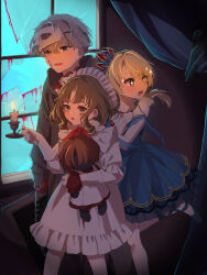 +_+ 1boy 1girl 2girls :d :o absurdres aisu_(ahono_ice) black_coat black_sclera blonde_hair blue_dress blue_eyes broken_window brown_hair candle candlestand coat colored_sclera curtains doll dress eagle_(reverse:1999) feet_out_of_frame fire frilled_hairband frills gloves green_eyes grey_hair hairband heterochromia highres holding holding_candlestand holding_doll indoors leg_up long_hair looking_at_viewer looking_to_the_side mask mask_on_head mismatched_sclera multiple_girls official_alternate_costume open_mouth pantyhose ponytail puffy_short_sleeves puffy_sleeves red_gloves reverse:1999 short_dress short_hair short_sleeves smile solo sotheby sparkle turning_head walking white_dress white_hairband white_pantyhose x_(breathing_in_silence)_(reverse:1999) x_(reverse:1999) yellow_eyes