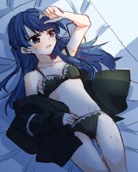 1girl arm_out_of_sleeve arm_up bare_shoulders black_bra black_jacket black_panties blue_eyes blue_hair blush borrowed_clothes bra breasts cable cellphone collarbone commentary_request cowboy_shot earphones half_updo highres jacket kanduki_kamibukuro lace lace-trimmed_bra lace-trimmed_panties lace_trim link!_like!_love_live! long_hair long_sleeves love_live! lying murano_sayaka no_navel on_back on_bed open_mouth panties partial_commentary phone small_breasts smartphone solo stomach sweatdrop swept_bangs underwear virtual_youtuber yugiri_tsuzuri yugiri_tsuzuri_(summer_loungewear)