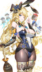 2boys 4girls absurdres adapted_costume alternate_costume animal_ears bare_shoulders black_gloves black_pantyhose blonde_hair blue_nails bow breasts charlotte_(genshin_impact) chibi cleavage clorinde_(genshin_impact) drill_hair elbow_gloves fake_animal_ears furina_(genshin_impact) gem genshin_impact gloves grin hand_up highres holding holding_umbrella kiramarukou large_breasts leotard long_hair looking_at_viewer melus_(genshin_impact) multiple_boys multiple_girls nail_polish navia_(genshin_impact) one_eye_closed open_mouth pantyhose playboy_bunny rabbit_ears silver_(genshin_impact) single_glove smile solo_focus sparkle teeth umbrella v white_background yellow_bow