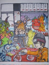 Rule 34 | agumon, digimon, digimon (creature), digitamamon, eating, gabumon, garurumon, hat, highres, leomon, looking at another, mameo (digimon), meramon, orgemon, palmon, tail, tyranomon, vademon, yukidarumon