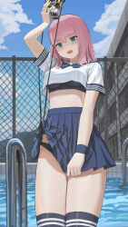 1girl absurdres alternate_costume arm_up black_panties black_shirt black_thighhighs blue_eyes blue_sailor_collar blue_skirt bow bowtie breasts camera chain-link_fence charlotte_(genshin_impact) clothes_lift crop_top crop_top_overhang dolri fang fence genshin_impact high-waist_skirt highres holding holding_camera long_hair looking_at_viewer medium_breasts midriff open_mouth outdoors panties pink_hair pleated_skirt pool sailor_collar school_uniform serafuku shirt short_sleeves skirt skirt_lift solo thighhighs thighs undershirt underwear white_shirt