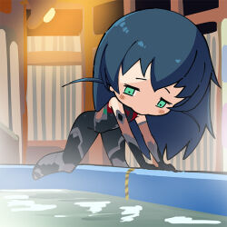 1girl :&gt; arm_support ayanami_rei ayanami_rei_(cosplay) bathing black_bodysuit blue_hair blush_stickers bodysuit bodysuit_under_clothes breasts chibi evangelion:_3.0+1.0_thrice_upon_a_time green_eyes igawa_asagi igawa_asagi_(clone) indoors long_hair nature neon_genesis_evangelion parody pun rebuild_of_evangelion solo standing steam sweat taimanin_(series) taimanin_asagi taimanun trait_connection