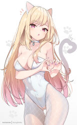 1girl animal_ears bare_shoulders blonde_hair blush breasts cat_ears cat_tail choker cleavage fishnet_pantyhose fishnets heart heart_hands highres hong_(white_spider) kitagawa_marin large_breasts leotard long_hair looking_at_viewer open_mouth pantyhose red_eyes solo sono_bisque_doll_wa_koi_wo_suru tail thighs variant_set white_leotard