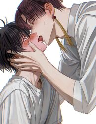 2boys black_hair blush earrings eyepatch french_kiss hyohls2_(hamao3o) jewelry kiss male_focus multiple_boys red_eyes red_hair sakura_haruka_(wind_breaker) shirt short_hair suo_hayato tassel tassel_earrings tongue tongue_out white_background white_shirt wind_breaker_(nii_satoru) yaoi