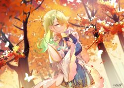 1girl absurdres artist_name autumn autumn_leaves blue_bridal_gauntlets blue_dress blue_ribbon braid breasts bridal_gauntlets ceres_fauna ceres_fauna_(1st_costume) cleavage closed_eyes commentary day dress dutch_angle english_commentary flower green_hair highres holding holding_flower hololive hololive_english juliet_sleeves large_breasts layered_dress leaf long_hair long_sleeves macchirei mole mole_under_eye neck_ribbon outdoors parted_bangs puffy_sleeves purple_flower ribbon single_braid single_bridal_gauntlet sleeve_slit solo tree tree_horns two-sided_dress two-sided_fabric virtual_youtuber white_dress wide_sleeves