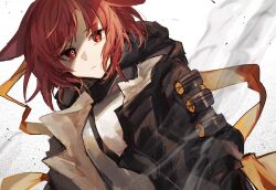 Rule 34 | 1girl, animal ears, arknights, black jacket, closed mouth, commentary request, crownslayer (arknights), expressionless, fumi (rdbm), halftone, highres, hood, hood down, hooded jacket, jacket, looking at viewer, open clothes, open jacket, partial commentary, red eyes, red hair, shirt, short hair, solo, staring, upper body, white shirt, wind