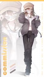1girl ;d adjusting_eyewear alternate_costume black_jacket black_pants black_shoes braid brown_eyes brown_hair brown_jacket camera camisole character_name collarbone crop_top full_body grey_jacket hair_between_eyes hand_on_eyewear hat highres holding holding_camera jacket long_hair long_sleeves looking_at_viewer looking_over_eyewear medium_hair midriff navel newsboy_cap off_shoulder one_eye_closed open_clothes open_jacket open_mouth pants polka_dot polka_dot_background puffy_long_sleeves puffy_sleeves satoh_vrc shinano_(vrchat) shirt shoes single_braid smile solo standing sunglasses tinted_eyewear vrchat white_camisole white_shirt yellow_eyes zoom_layer