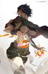 Rule 34 | 1girl, artist name, black hair, black romper, breasts, cape, cinder fall, commentary, english commentary, eyepatch, highres, large breasts, magic, moddedjoker, rwby, serious, shirt, short hair, shorts, simple background, smoke, solo, white background
