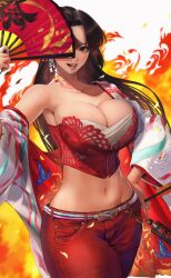 Rule 34 | 1girl, armpit peek, belt, black hair, breasts, brown eyes, cleavage, collarbone, corset, cowboy shot, crop top, fatal fury, folding fan, gauss &lt;bokashi, hair ornament, hand fan, hand on own hip, haori, highres, holding, holding fan, japanese clothes, large breasts, lips, long hair, looking at viewer, midriff, navel, official alternate costume, official alternate hairstyle, pants, parted lips, pink lips, red bustier, red pants, shiranui mai, single bare shoulder, solo, strapless, street fighter, street fighter 6, teasing, tube top, white background