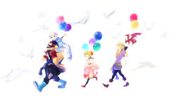 1990s_(style) 3boys balloon beard bird blonde_hair blue_eyes cain_highwind carrying cecil_harvey cid_pollendina dragon dress facial_hair final_fantasy final_fantasy_iv goggles green_eyes grin hair_bun long_hair male_focus mizukumohouse multiple_boys pants piggyback ponytail retro_artstyle rosa_farrell scarf short_hair silver_hair single_hair_bun smile
