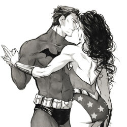 1boy 1girl back backless_outfit bare_shoulders batman batman_(series) bodysuit bruce_wayne commentary covered_abs cowboy_shot dc_comics english_commentary greyscale hair_slicked_back holding_hands jjack00 long_hair looking_at_another monochrome short_hair signature simple_background superhero_costume white_background wonder_woman wonder_woman_(series) wrist_guards
