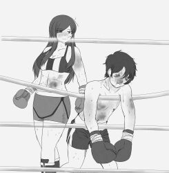 1boy 1girl azayakasket boxing boxing_gloves defeat humiliation tagme