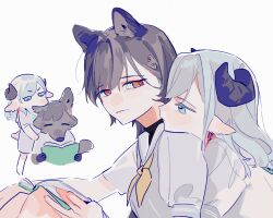 2girls ^_^ animal_ears aqua_neckerchief black_hair blue_eyes book ceras_yanagida_lilienfeld closed_eyes commentary curled_horns dress edel_note furrification furry furry_female grey_dress hair_ornament highres holding holding_book horns hug hug_from_behind katsuragi_izumi link!_like!_love_live! long_hair looking_at_another love_live! medium_dress multiple_girls multiple_views neckerchief open_book orange_eyes person_and_furrification pipi_(m1x_mix) profile puffy_short_sleeves puffy_sleeves sailor_collar sheep_ears sheep_girl sheep_horns sheep_tail short_sleeves simple_background sitting standing summer_uniform tail triangle_hair_ornament turtleneck v-shaped_eyebrows virtual_youtuber white_background white_sailor_collar wolf_cut wolf_ears wolf_girl wolf_tail yellow_neckerchief yuri