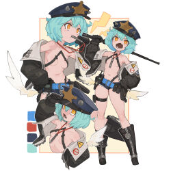 1girl absurdres bare_shoulders baton_(weapon) belt belt_pouch black_belt black_footwear black_gloves black_jacket blowing_whistle blue_belt blue_hat blue_shorts blush_stickers boots breasts color_guide commission contrapposto cropped_torso crossed_bangs denim denim_shorts diamond-shaped_pupils diamond_(shape) expandable_baton fang gloves hair_between_eyes hand_on_headwear hand_on_own_hip hat highres holding_baton_(weapon) jacket knee_boots lightning_bolt_symbol long_hair low_wings lower_teeth_only micro_shorts multiple_views n9+ navel off_shoulder open_clothes open_jacket open_mouth orange_eyes original peaked_cap petite police_badge pouch revealing_clothes short_hair shorts skeb_commission skin_fang small_breasts standing symbol-shaped_pupils teeth thigh_belt thigh_pouch thigh_strap utility_belt v-shaped_eyebrows walkie-talkie weapon whistle whistle_around_neck wings
