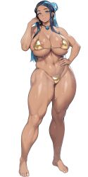 1girl bare_shoulders barefoot black_hair blue_hair breasts choker collarbone dark-skinned_female dark_skin earrings female_focus full_body game_freak hand_on_own_hip highres hoop_earrings jewelry large_breasts multicolored_hair nanabe_78 nessa_(pokemon) nintendo open_mouth pokemon pokemon_swsh simple_background toned toned_female two-tone_hair wet white_background