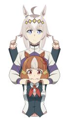 Rule 34 | 2girls, ahoge, animal ears, arms up, berno light (umamusume), black jacket, blazer, blue eyes, blue jacket, bob cut, bow, brown eyes, brown hair, closed mouth, commentary, dress shirt, ear ornament, ear ribbon, ef natto, english commentary, fingersmile, frown, grey hair, hair ornament, highres, horse ears, horse girl, horseshoe ornament, index finger raised, jacket, kasamatsu tracen school uniform, kasamatsu tracen training uniform, letter hair ornament, long sleeves, looking at viewer, mixed-language commentary, multicolored hair, multicolored jacket, multiple girls, neck ribbon, oguri cap (umamusume), pink sweater, ponytail, red ribbon, ribbon, school uniform, shirt, simple background, smile, sweater, track jacket, two-tone hair, two-tone jacket, umamusume, umamusume: cinderella gray, white background, white hair, white jacket, white shirt, wing collar