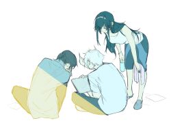 1girl 2boys absurdres black_hair blue_eyes blue_pants blue_shirt bottle closed_mouth david_hockney drawstring hand_up highres lo_po_bia_elaine long_hair looking_at_another looking_down multiple_boys notebook pants pen serious shirt shoes simple_background sitting sleeveless sleeveless_shirt tower_of_god twenty-fifth_bam very_long_hair water_bottle white_background white_hair white_shirt
