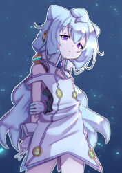 1boy absurdres animal_ears black_camisole blue_background camisole cat_ears check_commentary collar commentary_request cowboy_shot crossdressing dress gloves hacka_doll hacka_doll_3 hair_ornament hairclip highres long_hair male_focus mizuki_(fkps5723) purple_eyes simple_background solo trap very_long_hair white_collar white_dress white_gloves white_hair white_wrist_cuffs wrist_cuffs