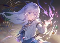 1girl arcaea black_dress black_gloves black_pantyhose bow dress earrings gloves hair_between_eyes insight_(arcaea) insight_(designant)_(arcaea) jewelry long_sleeves pantyhose purple_eyes shirt smile solo white_hair white_shirt yellow_bow yuchi0730
