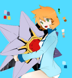 1girl breasts competition_swimsuit cowboy_shot eyelashes gen_1_pokemon gen_2_pokemon green_eyes hair_between_eyes jacket legs looking_at_another lowres misty_(pokemon) nintendo one-piece_swimsuit open_mouth orange_hair pokemon pokemon_(creature) pokemon_hgss short_hair smile solo standing starmie swimsuit unataria white_one-piece_swimsuit